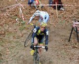 Dylan McNicholas (Pedro’s) leads Adam Myerson (Cycle-Smart) through the off camber © Natalia Boltukhova | Pedal Power Photography | 2010