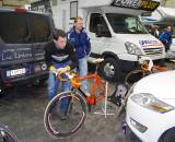 Stefan Wyman working on Helen's bike.  ? Jonas Bruffaerts