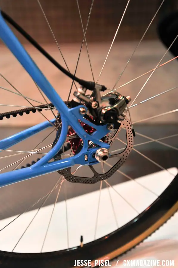 A closeup of the Chris King hub and belt drive on the Geekhouse frame. NAHBS 2013 © Jesse Pisel