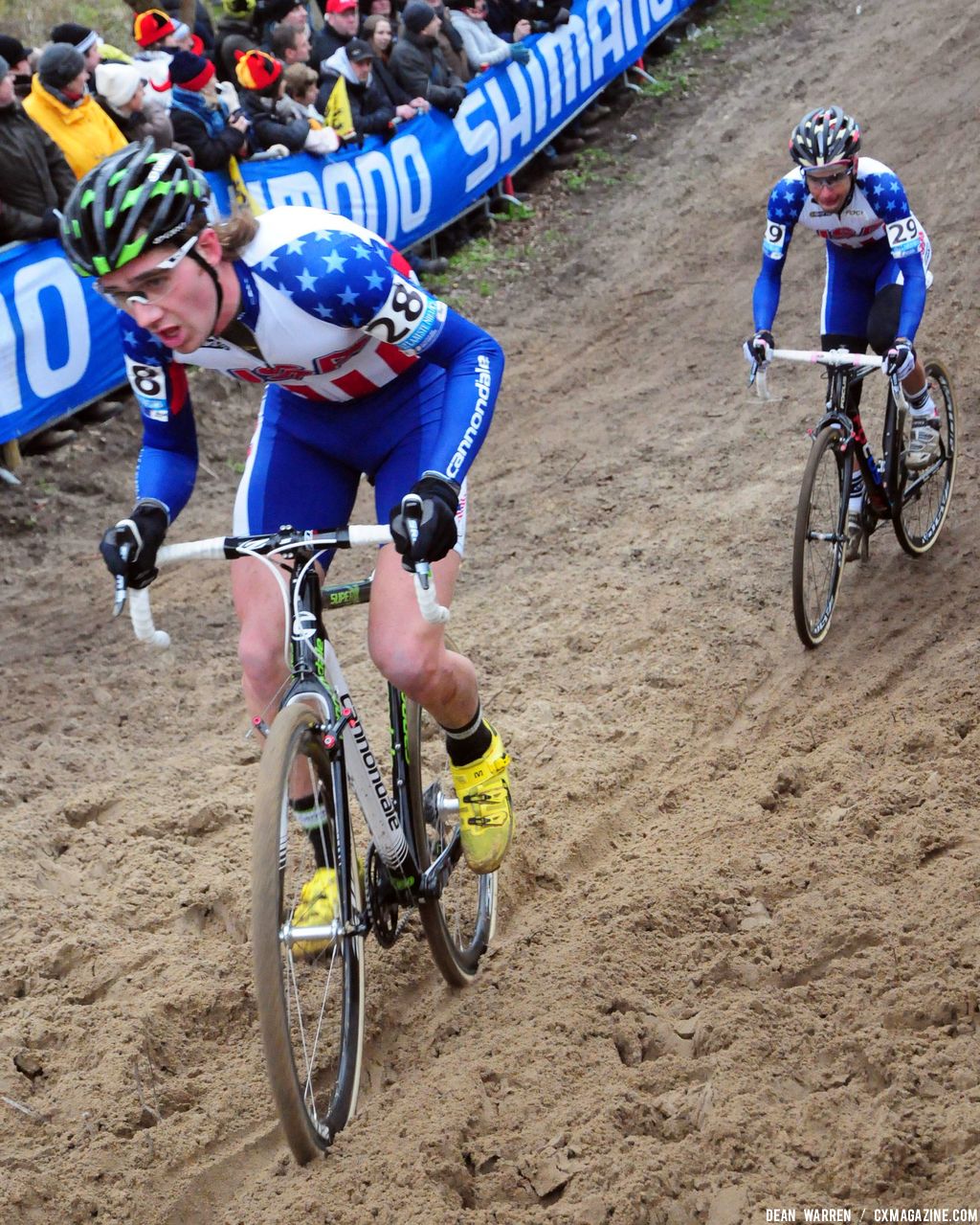 Driscoll and Jones up hill at Koksijde Cyclocross Worlds © Dean Warren