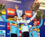 All Belgium Podium (L-R) Peeters Albert Pauwels Cyclocross Worlds Elite Men © Dean Warren
