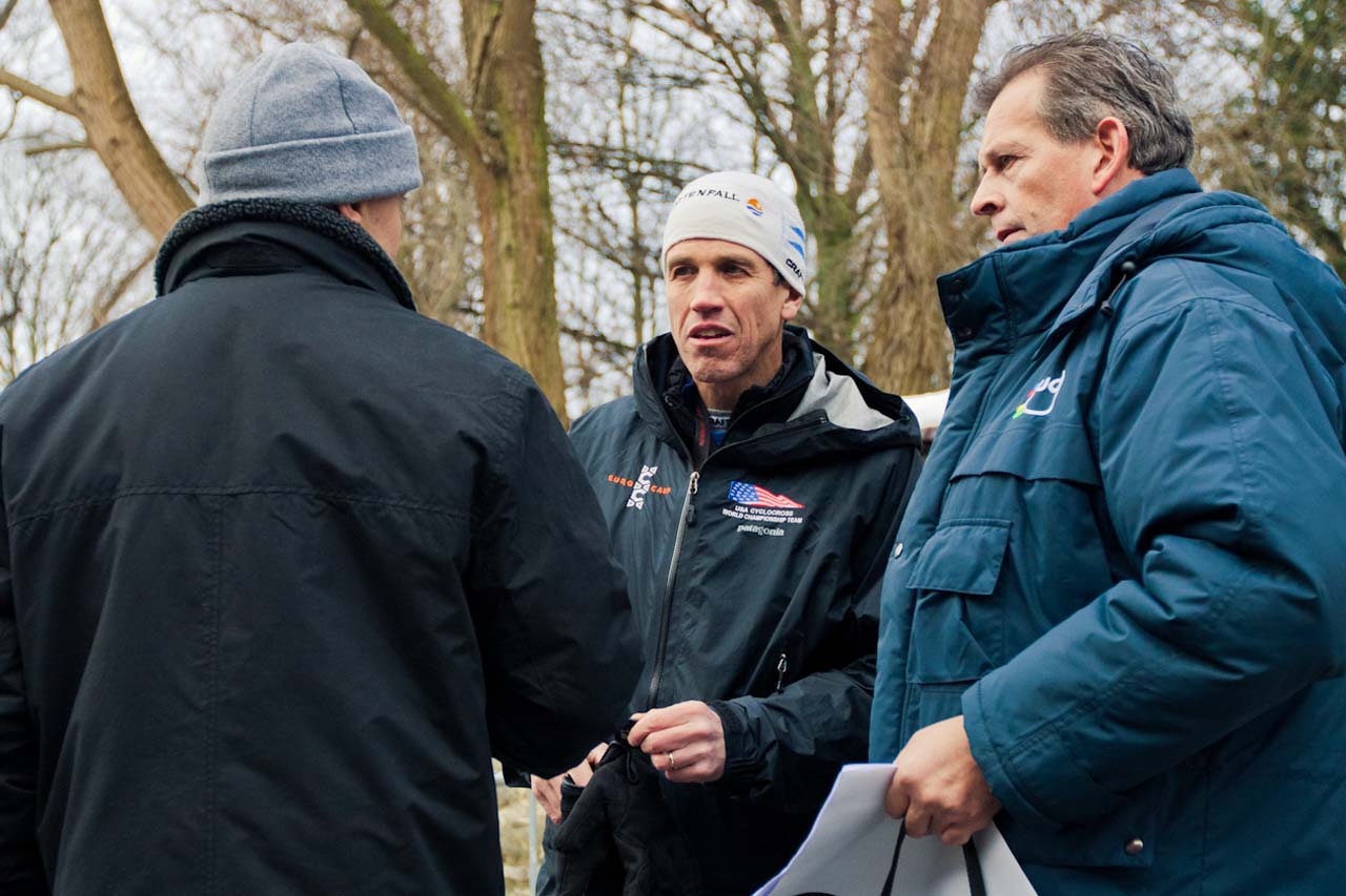 Coach Geoff Proctor making sure the UCI and race officials give the U.S. riders their correct starting position ©Tom Robertson