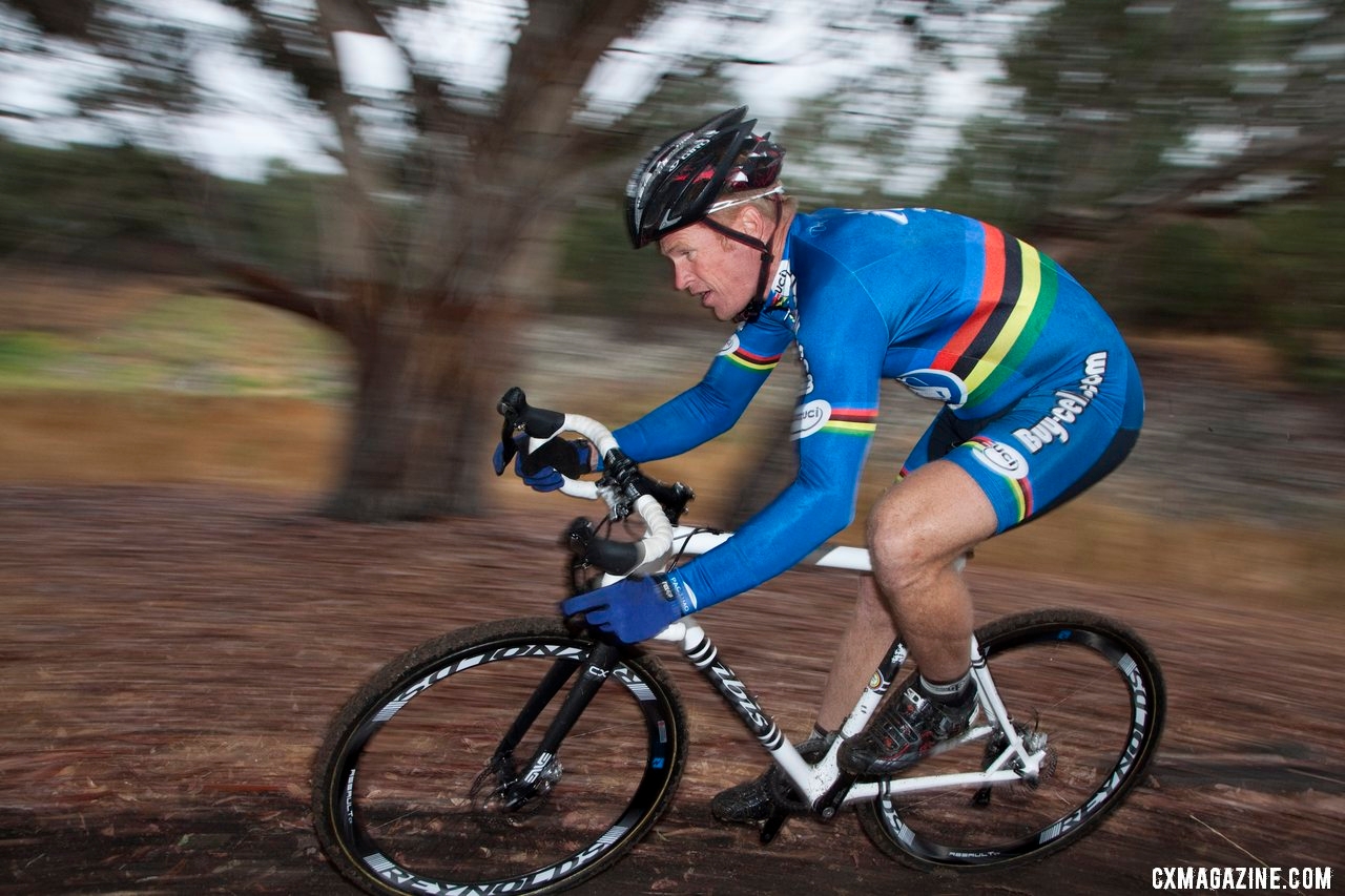 Don Myrah practicing late braking on his 2013 Hakkalugi Disc cyclocross bike with hydraulic disc brakes. ©Cyclocross Magazine