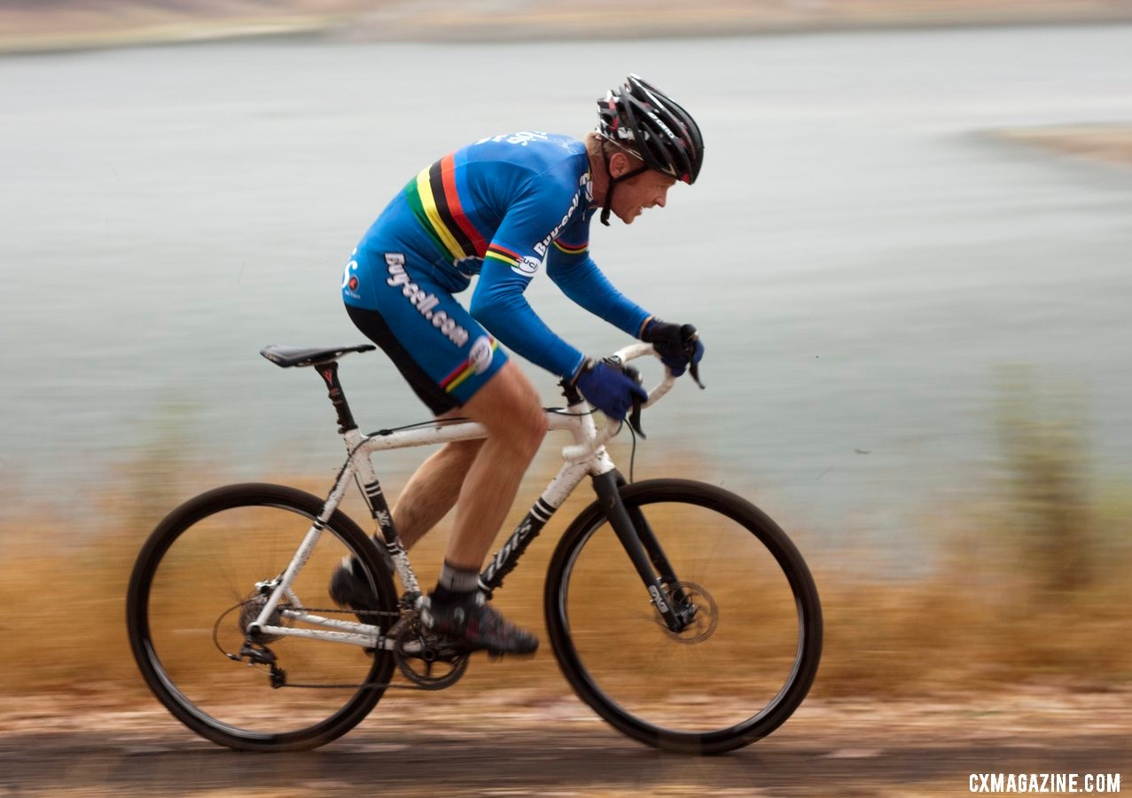 Don Myrah on his new 2013 Hakkalugi Disc cyclocross bike with hydraulic disc brakes. ©Cyclocross Magazine