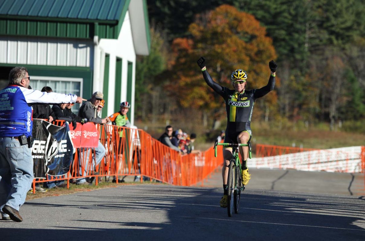 Dylan McNicholas (Pedro’s) celebrates his first-ever UCI victory © Pedal Power Photography
