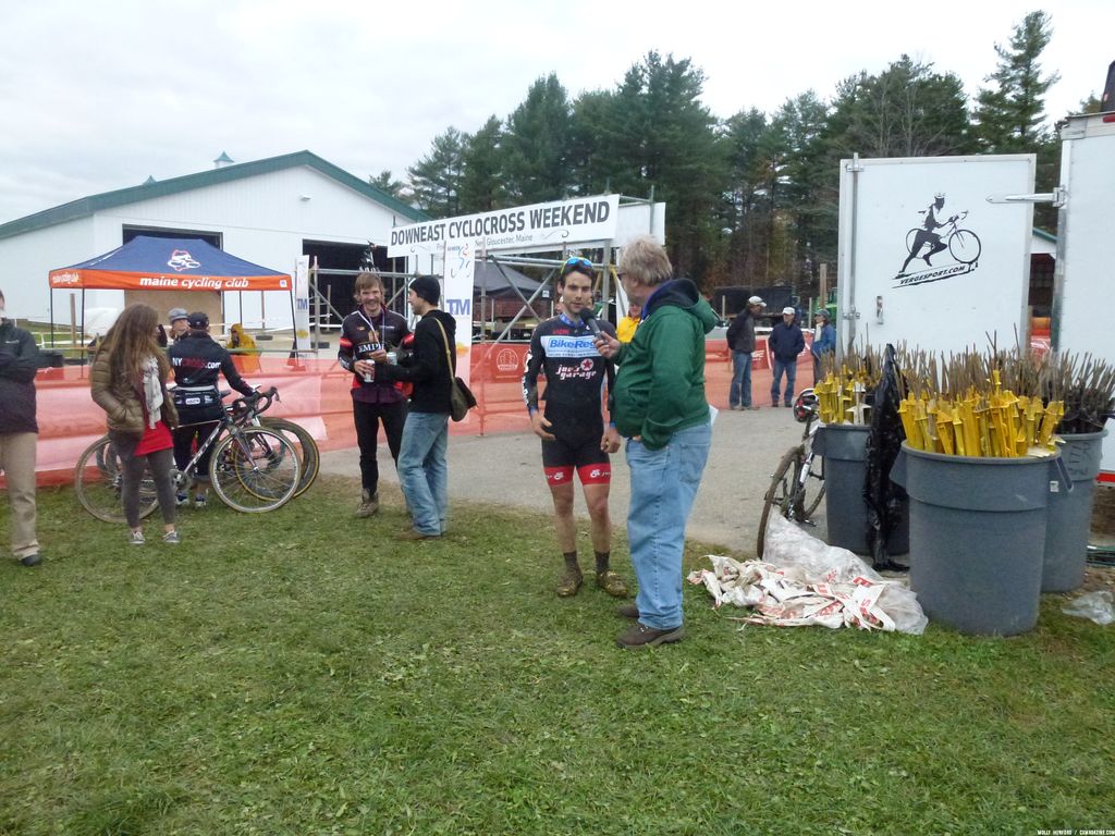 Lindine talking to Alan Atwood of Velocity Results post-race. © Cyclocross Magazine