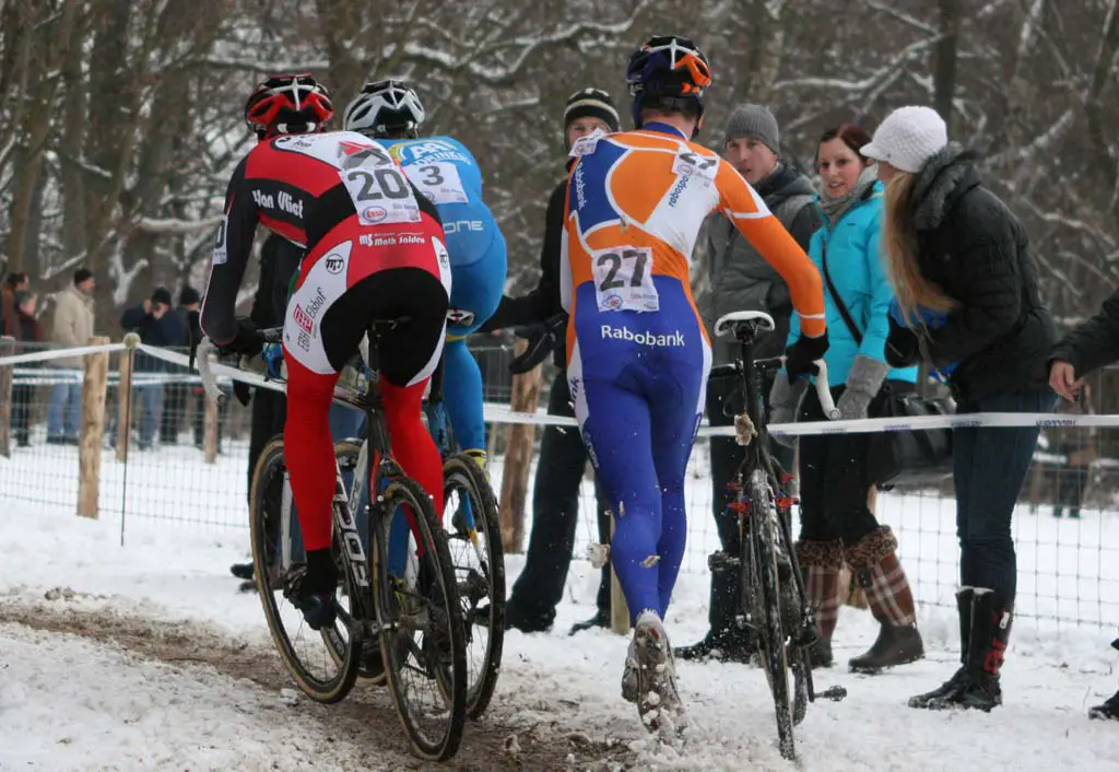 Elite riders fought over the one good line through the snow. ? Bart Hazen