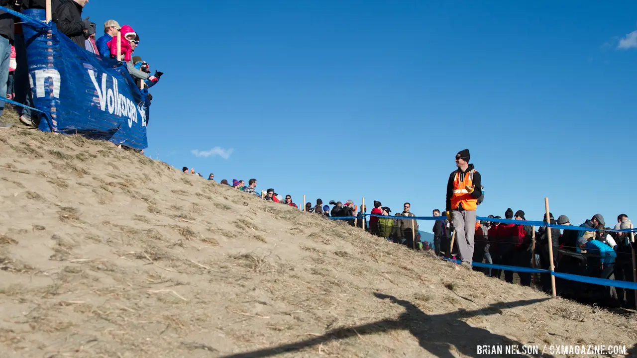 Course designer and National Champion Pete Webber (Boulder Cycle Sports) policing the now infamous off camber section before the Elite Men\'s race.  Â© Brian Nelson