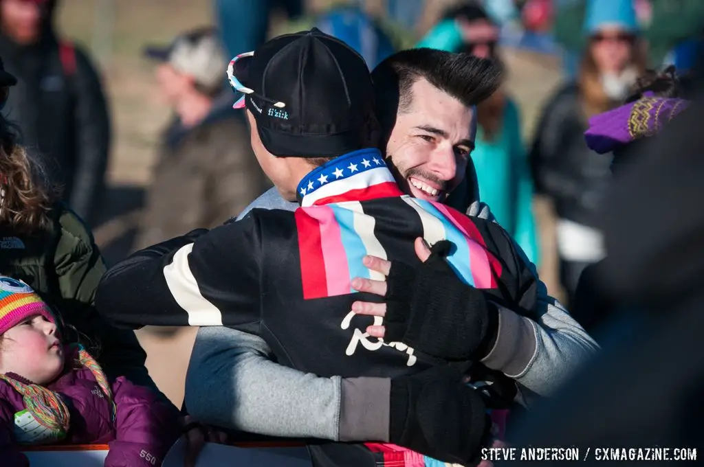 Powers celebrates at Elite Men 2014 USA Cyclocross Nationals. © Steve Anderson