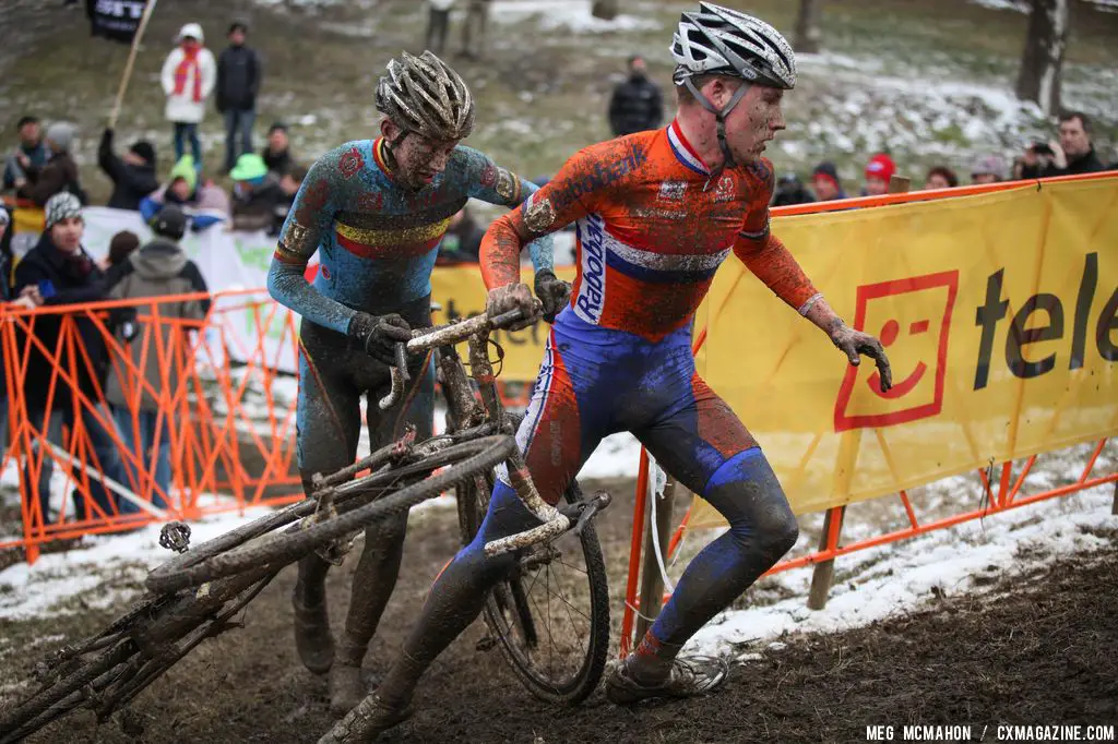 Flinging the bike around the corner in the Elite U23 World Championships of Cyclocross 2013 © Meg McMahon