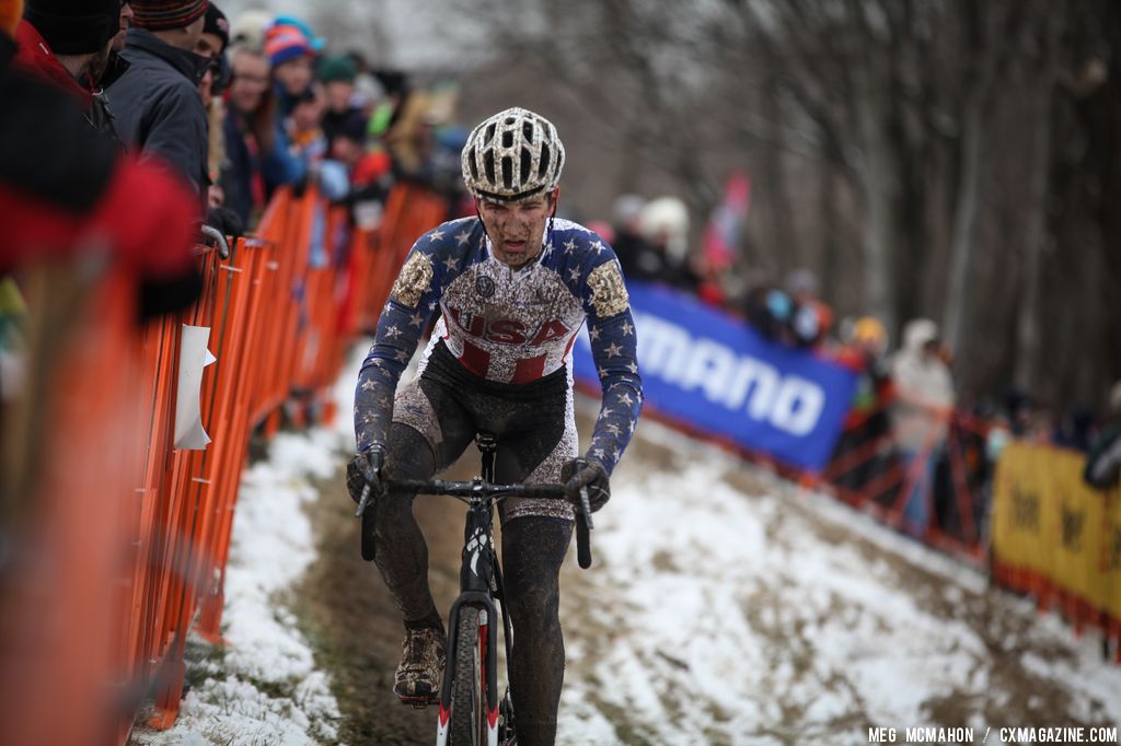 Tobin Ortenblad got the sloppy conditions he prefers, and maximized the late-braking ability of his disc brakes in the Elite U23 World Championships of Cyclocross 2013 © Meg McMahon