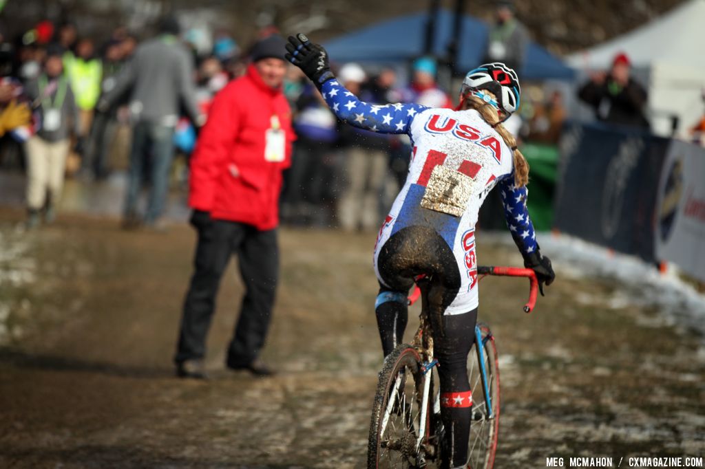 Compton waves at the crowd as she comes in for second in the Elite Women World Championships of Cyclocross 2013 © Meg McMahon