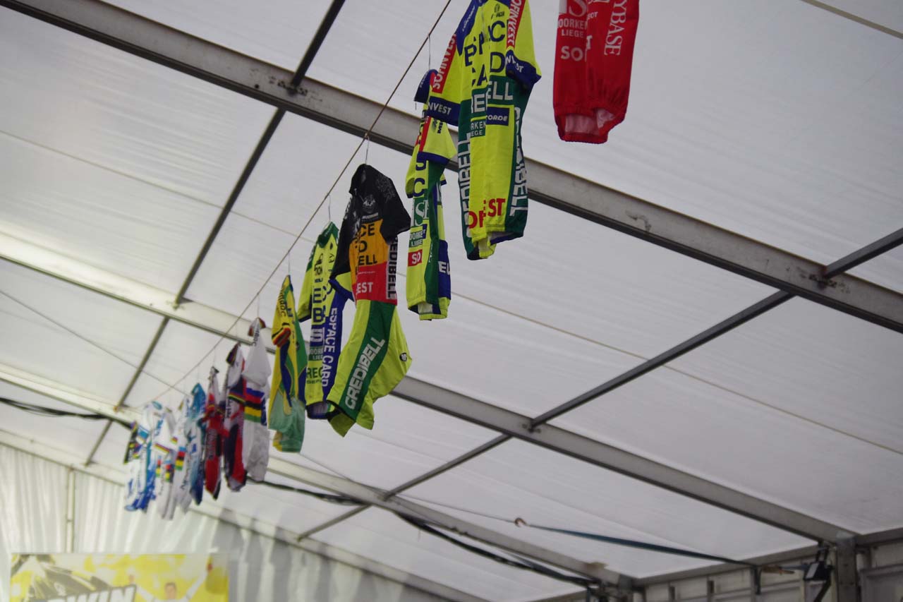 A line of Erwin Vervecken\'s jerseys hung across the party tent. ? Jonas Bruffaerts 