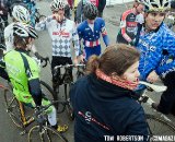 Different jerseys but one family: the riders discuss the race. © Tom Robertson