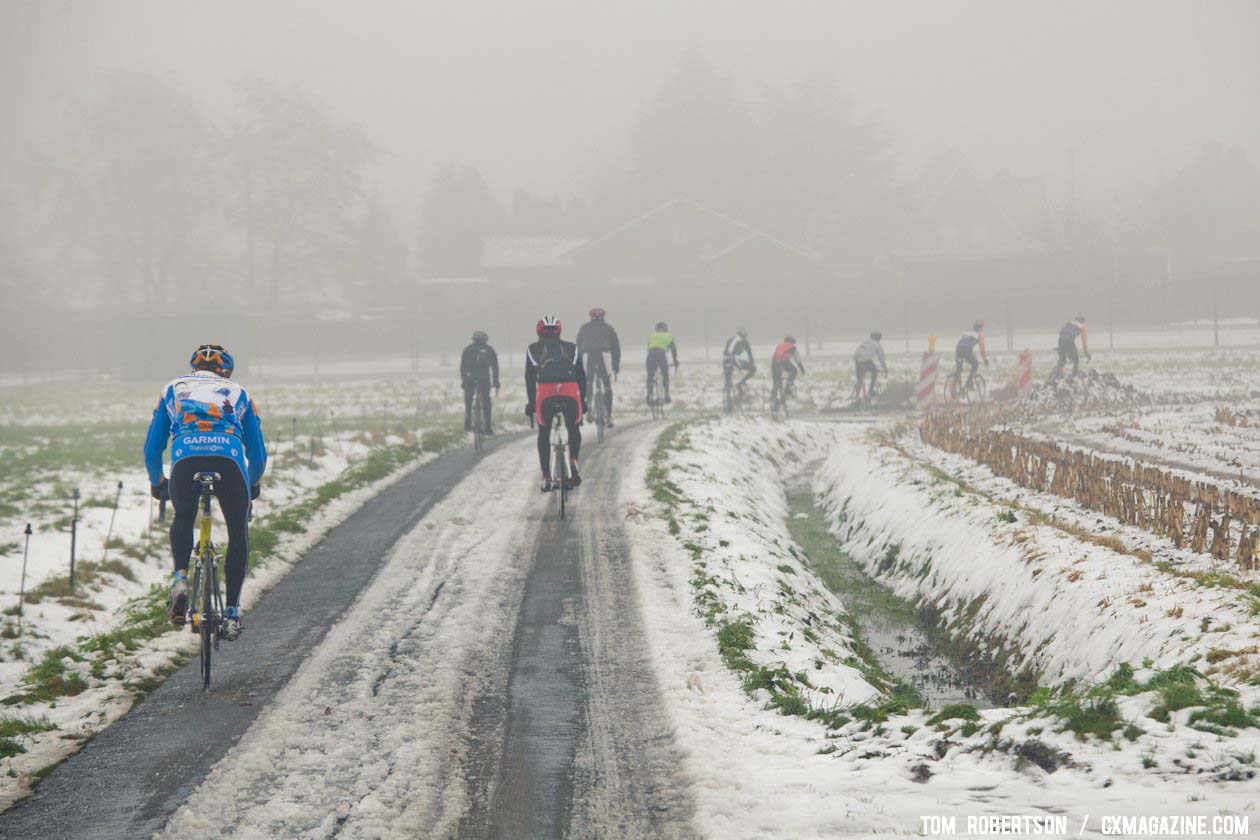 Half the group went for a training ride after the race. Ryan Trebon leads a group on the backroads around Izegem. © Tom Robertson