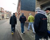 The crew heads into town for a well deserved treat of pizza and pastries after time on the bike. © Tom Robertson