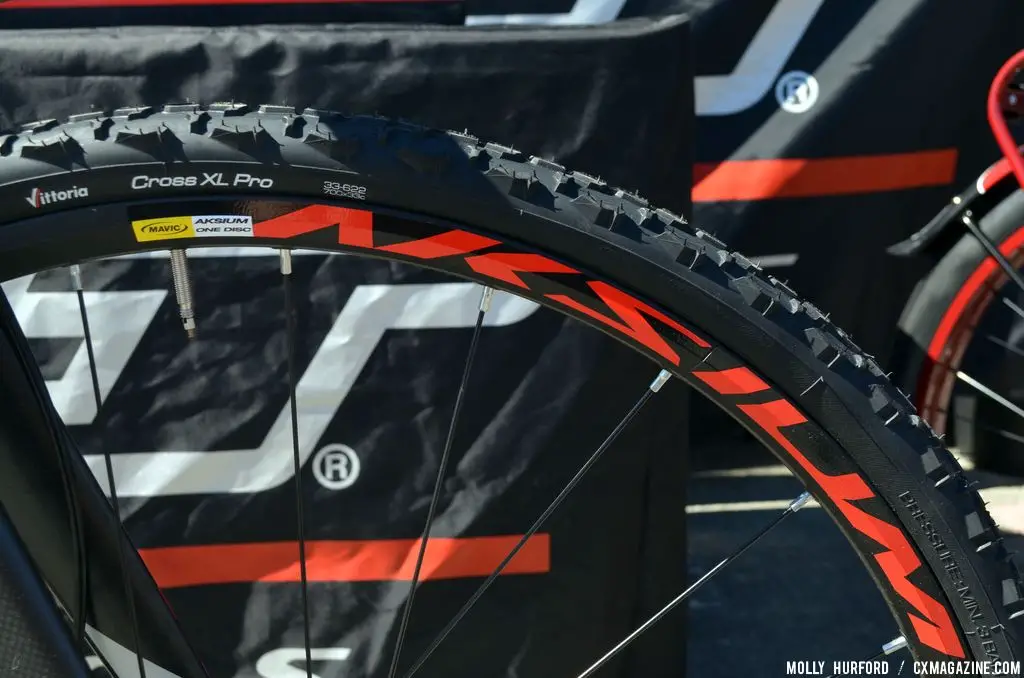 Vittoria XL Pro Cross tires on the Mavis wheels on the Felt F4x at Sea Otter 2014. © Cyclocross Magazine