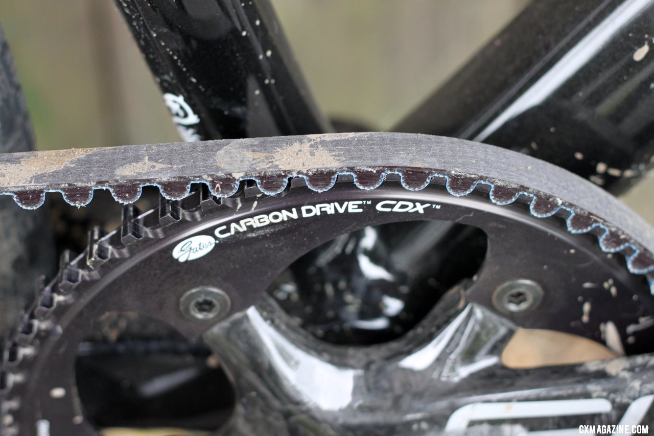 A closeup of the crank and CenterTrack Carbon Belt Drive on a Raleigh carbon singlespeed cyclocross bike. © Cyclocross Magazine