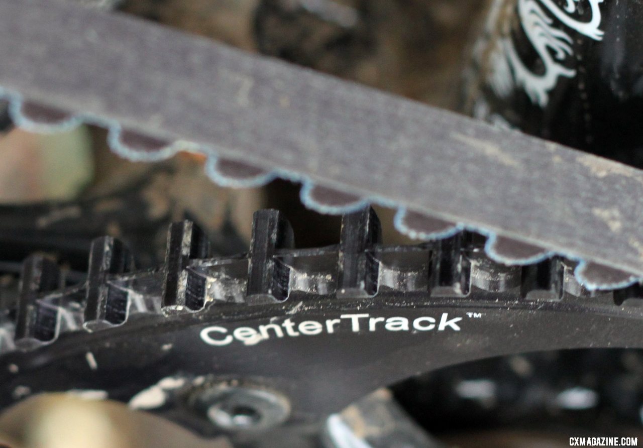 The Gates CenterTrack Carbon Belt Drive, neatly labeled on the Raleigh carbon singlespeed cyclocross bike. © Cyclocross Magazine