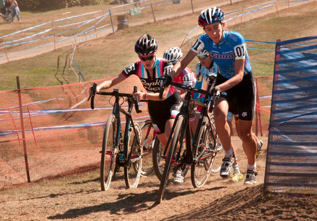 Helen Wyman (Kona Factory Team), right, leading a tight bunch through a run up. Â© Kevin White