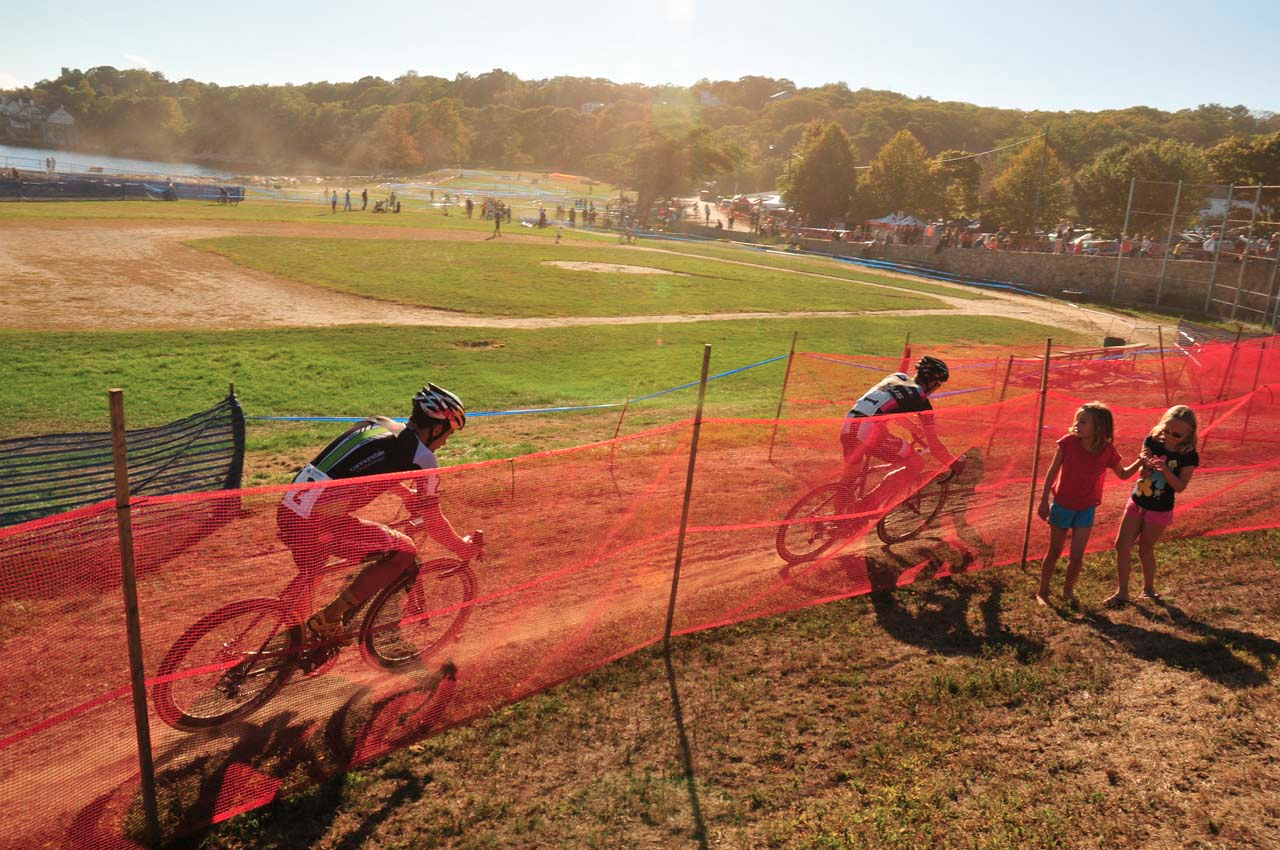 Jeremy Powers (Rapha FOCUS) leading Tim Johnson (Cannondale p/b Cyclocrossworld.com) through the chicane. Â© Kevin White