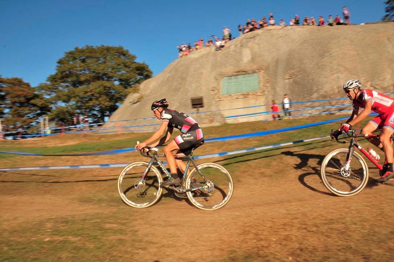 Jeremy Powers ( Rapha FOCUS) leading Yannic Eckman (Galifornia Giant/Specialized) past a popular spectator spot. Â© Kevin White