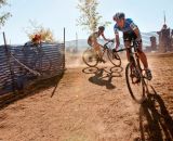 Helen Wyman (Kona Factory Racing Team), right, rounding the corner ahead of Gabby Durrin (Rapha FOCUS). Â© Kevin White