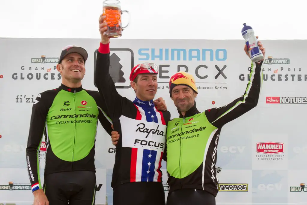  Elite men\'s podium: Johnson third, Trebon second, Powers wins, but should keep an eye on his beer.   © Todd Prekaski