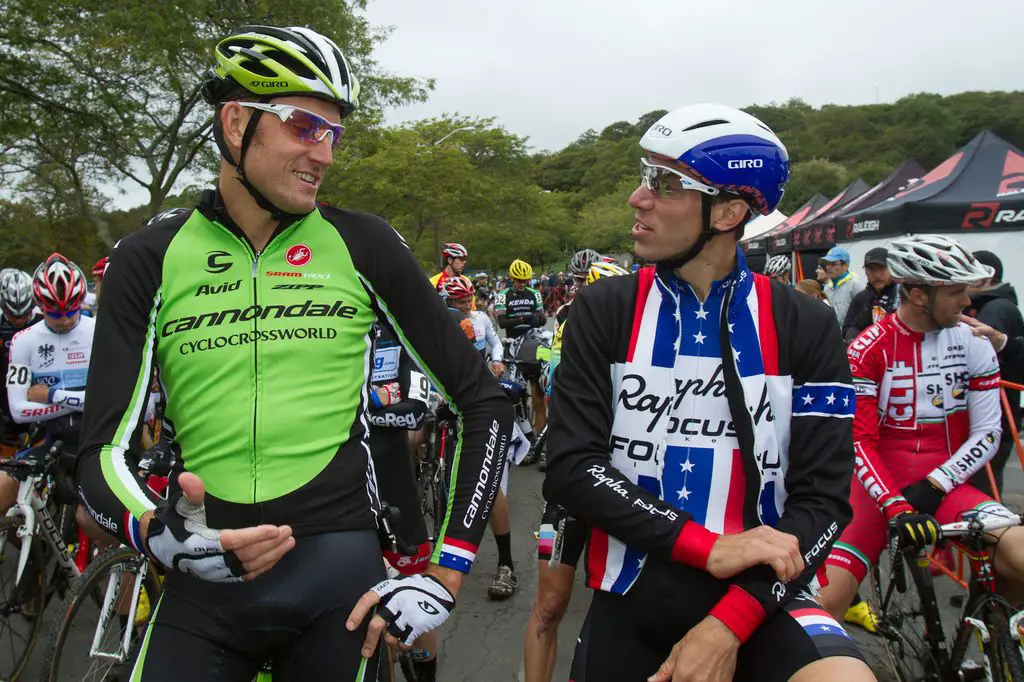 Trebon and Powers joke on the start grid © Todd Prekaski