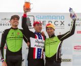  Elite men's podium: Johnson third, Trebon second, Powers wins, but should keep an eye on his beer.   © Todd Prekaski