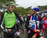 Trebon and Powers joke on the start grid © Todd Prekaski