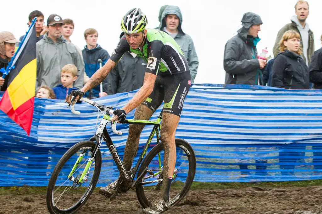 A muddy Trebon riding to a win © Todd Prekaski