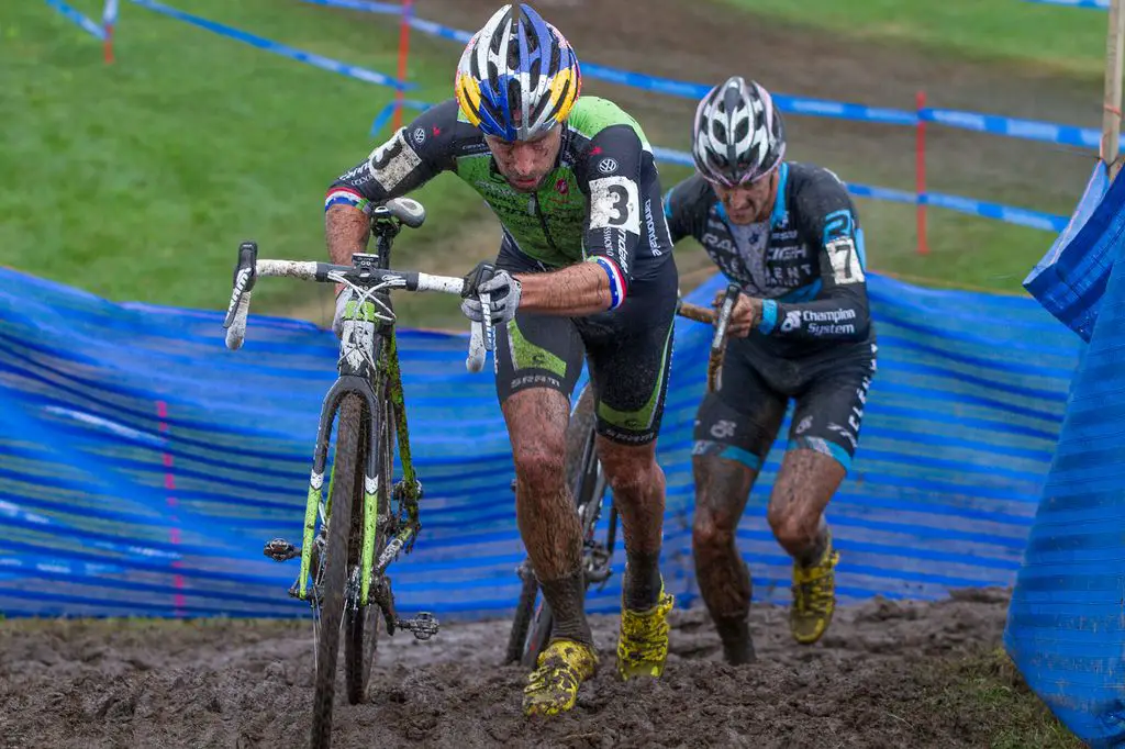 Johnson and Berden on an unridable section of the muddy off-camber turns © Todd Prekaski