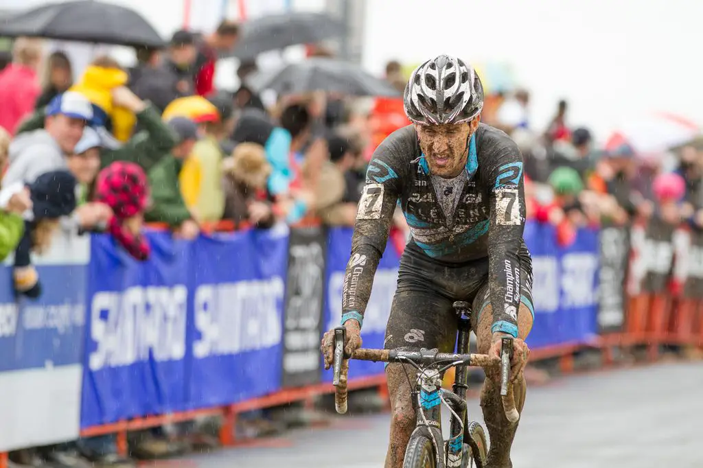 A muddy Trebon riding to a win © Todd Prekaski