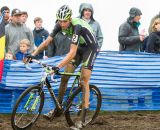 A muddy Trebon riding to a win © Todd Prekaski