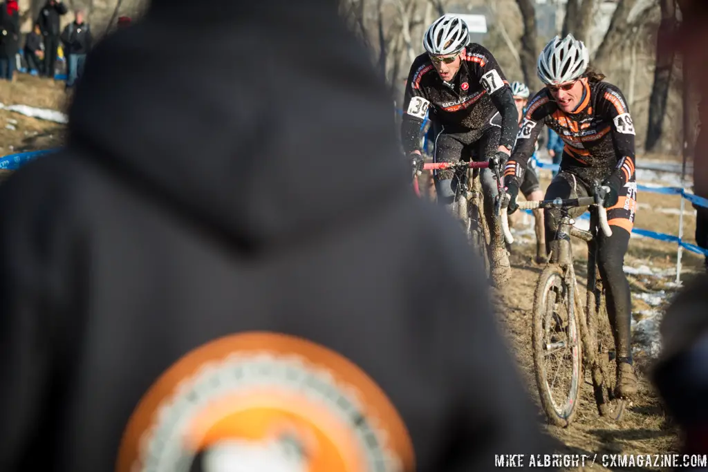 Fighting for position in the men\'s 50-54 race at 2014 USA Cyclocross National Championships. © Mike Albright