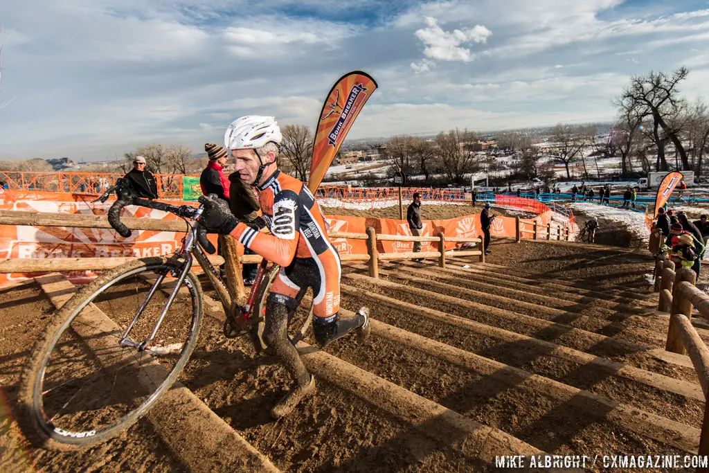 Gonzalez on the stairs in the men\'s 50-54 race at 2014 USA Cyclocross National Championships. © Mike Albright