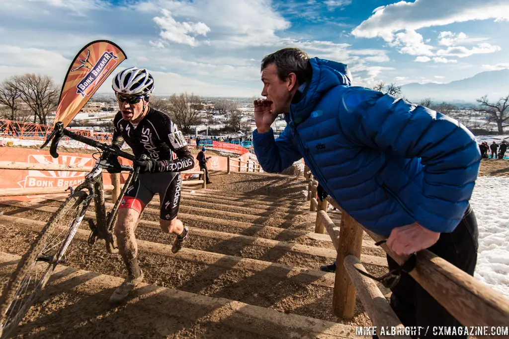 Long stairs in the men\'s 50-54 race at 2014 USA Cyclocross National Championships. © Mike Albright