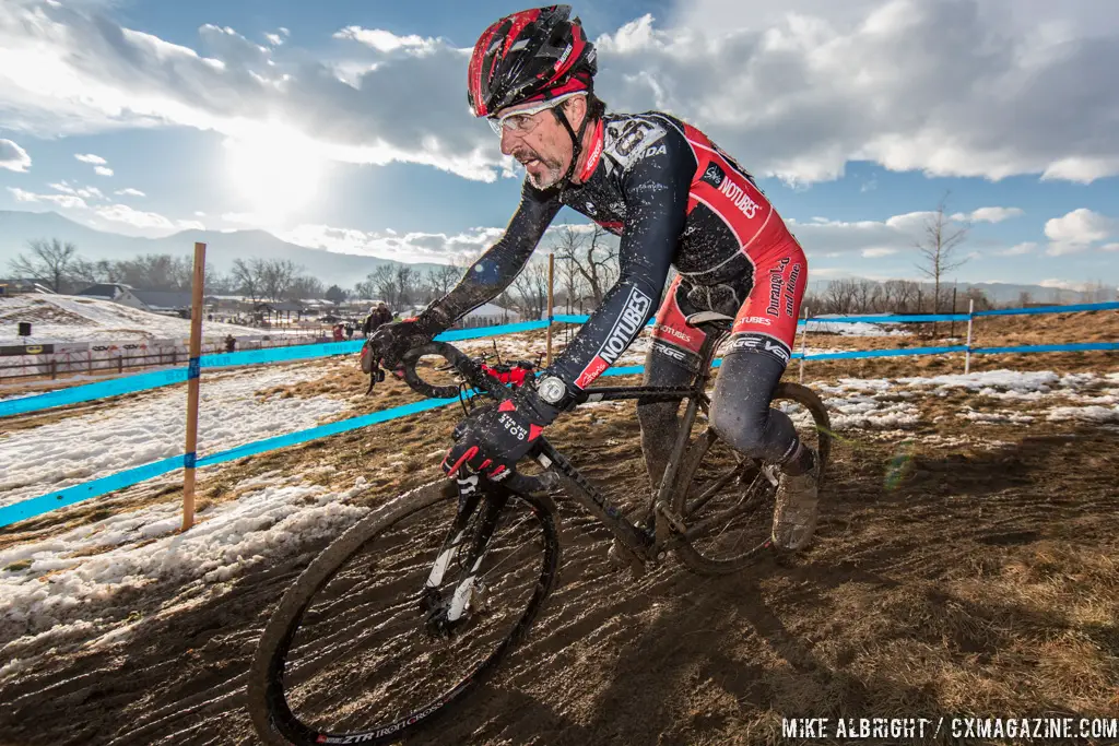 Sun starting to set in the men\'s 50-54 race at 2014 USA Cyclocross National Championships. © Mike Albright