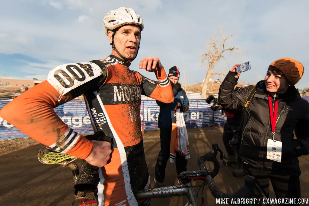 Interviewing Gonzalez in the men\'s 50-54 race at 2014 USA Cyclocross National Championships. © Mike Albright