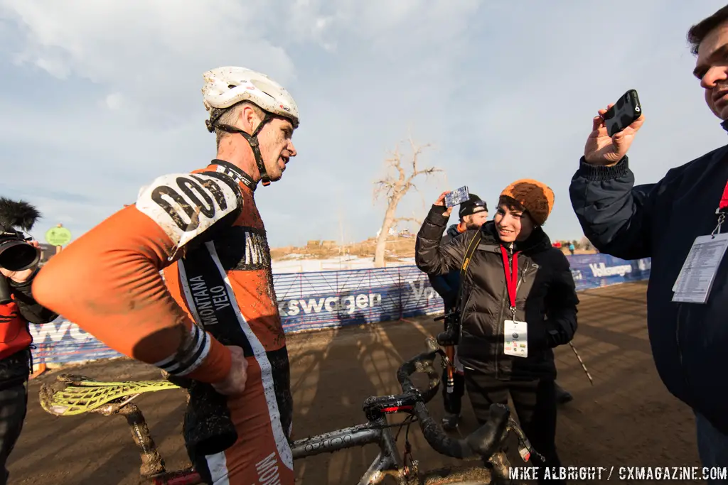 Interviewing Gonzalez in the men\'s 50-54 race at 2014 USA Cyclocross National Championships. © Mike Albright