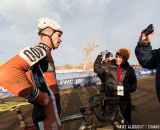 Interviewing Gonzalez in the men's 50-54 race at 2014 USA Cyclocross National Championships. © Mike Albright