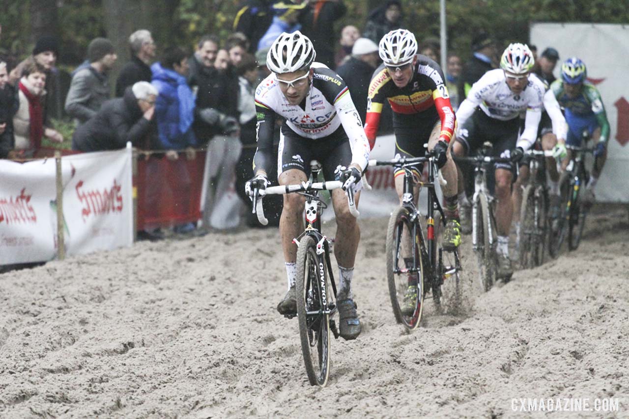 Niels Albert leading the race through the sand pit. Â©Â Bart Hazen / Cyclocross Magazine