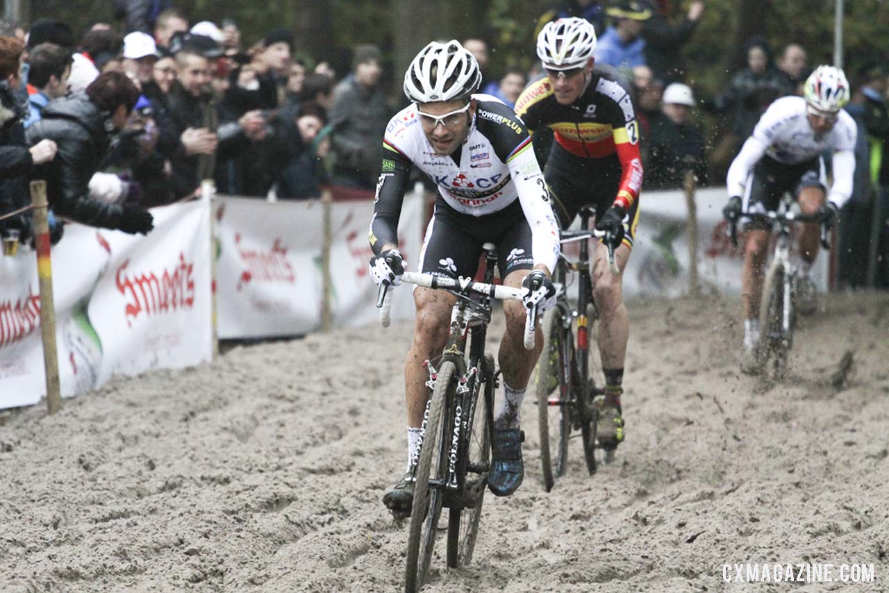 Niels Albert leading the Klaas Vantornout and Sven Nys through the sand pit. Â©Â Bart Hazen / Cyclocross Magazine