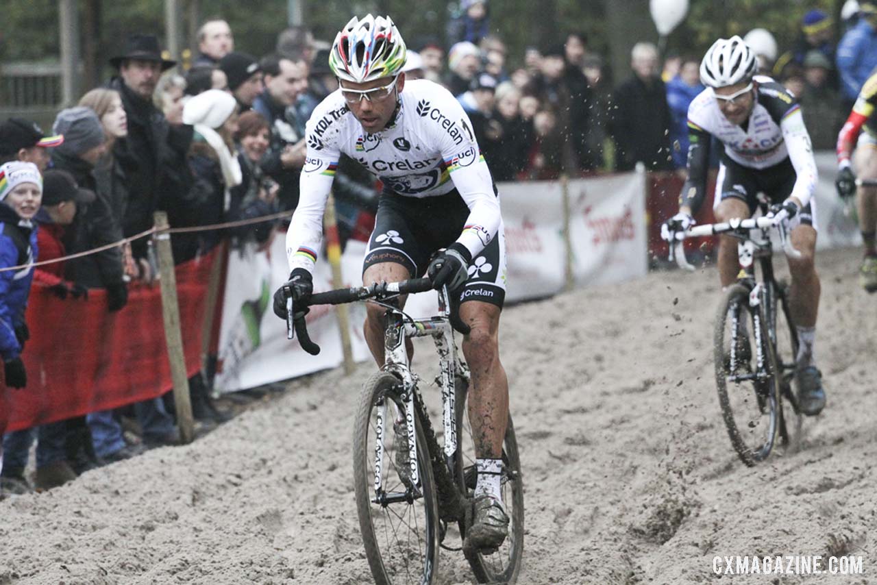 Sven Nys leads Niels Albert through the sand at the GP Hasselt 2013 race. Â© Bart Hazen / Cyclocross Magazine