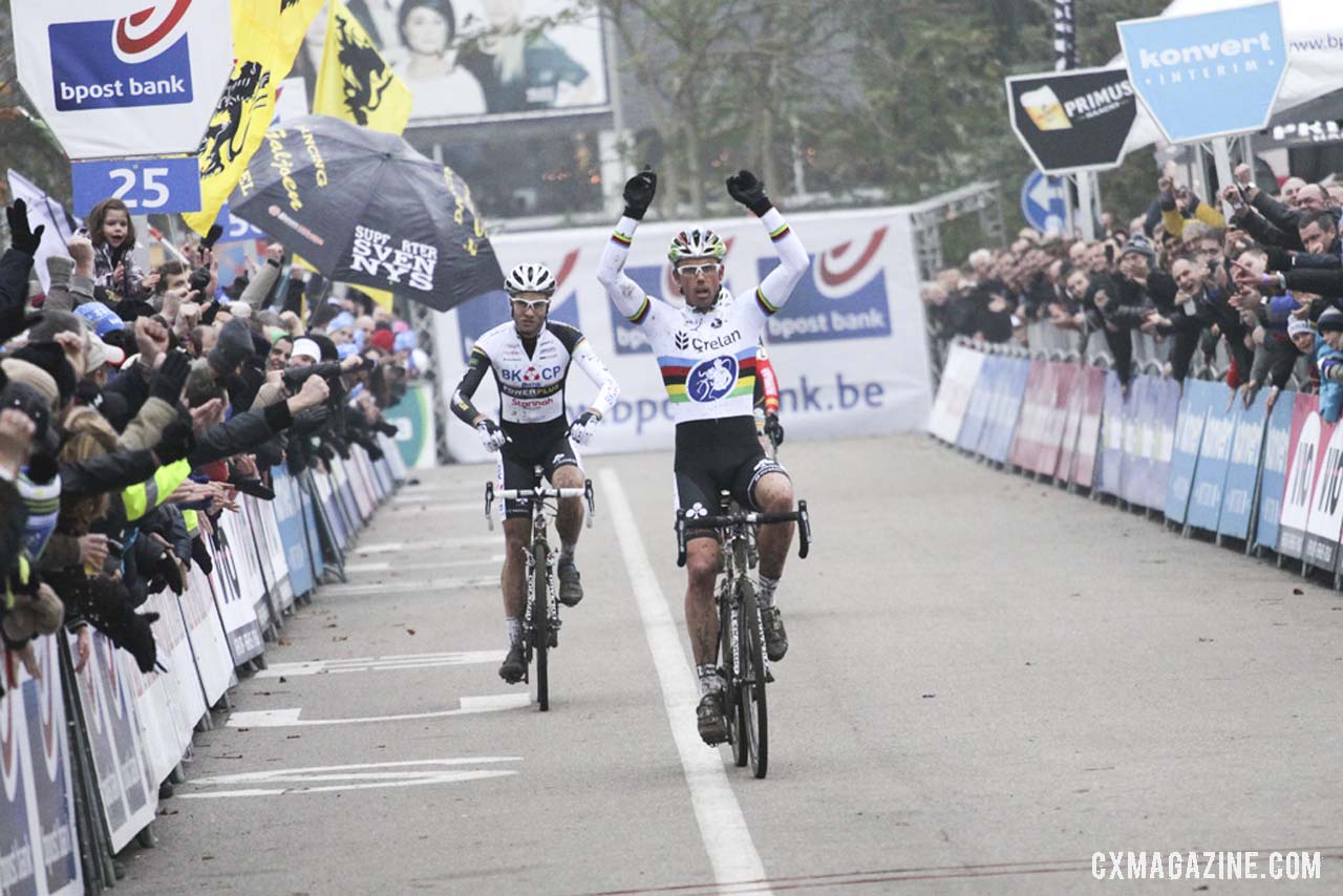 Sven Nys (Crelan-KDL) taking the three-way sprint over Niels Albert (BKCP Powerplus) and Klaas Vantornout (Sunweb-Napoleon Games). Â© Bart Hazen / Cyclocross Magazine