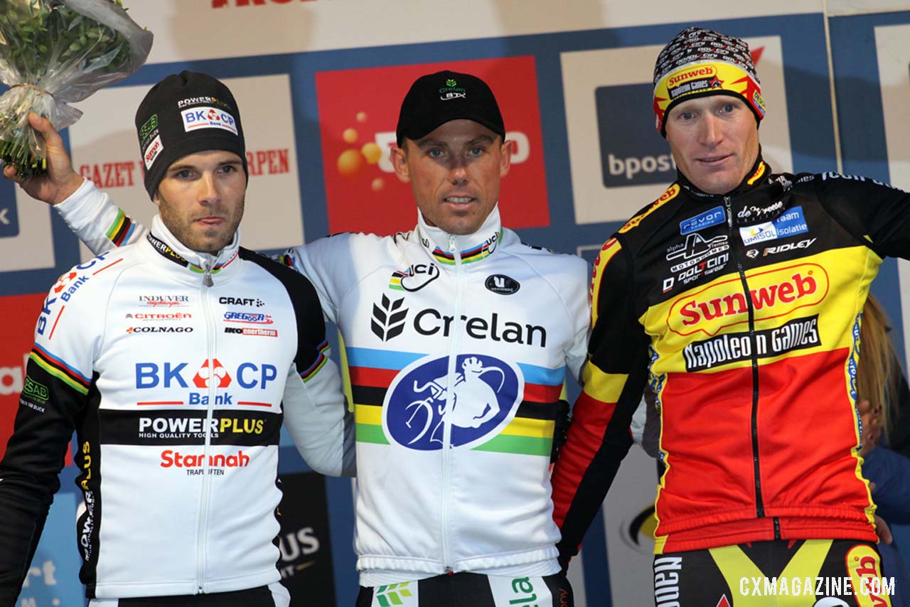 The Elite Men's podium (L-R): Niels Albert (BKCP-Powerplus), 2nd; Sven Nys (Crelan-KDL), 1st; Klaas Vantornout (Sunweb-Napoleon Games), 3rd. Â© Bart Hazen / Cyclocross Magazine