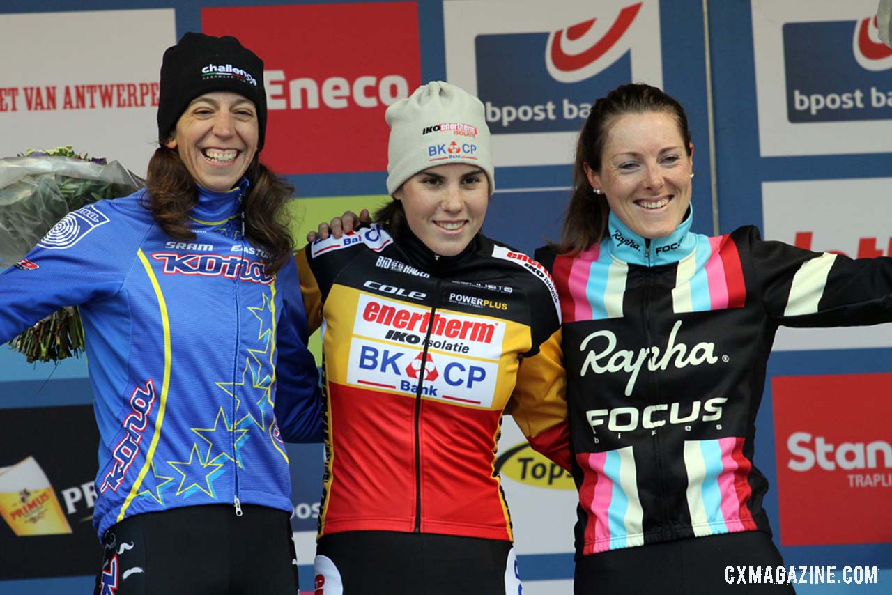 The Elite Women's podium from (L-R): Helen Wyman (Kona Factory Team), 2nd; Sanne Cant ((Enertherm-BKCP), 1st; Gabby Durrin (Rapha-Focus), 3rd. Â© Bart Hazen / Cyclocross Magazine