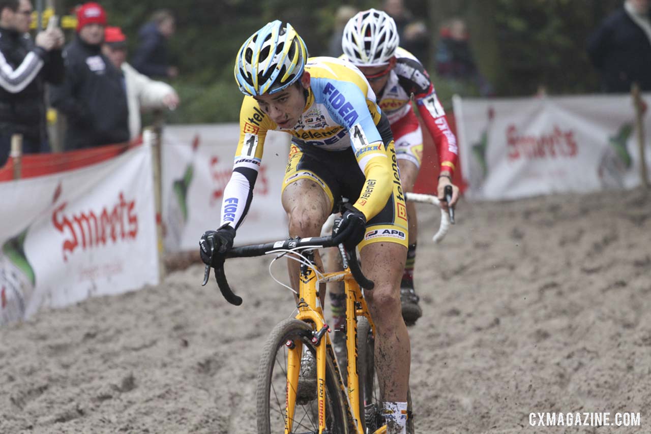 Wout Van Aert leads Gianni Vermeersch through the sand in th e U23 race. Â© Bart Hazen / Cyclocross Magazine