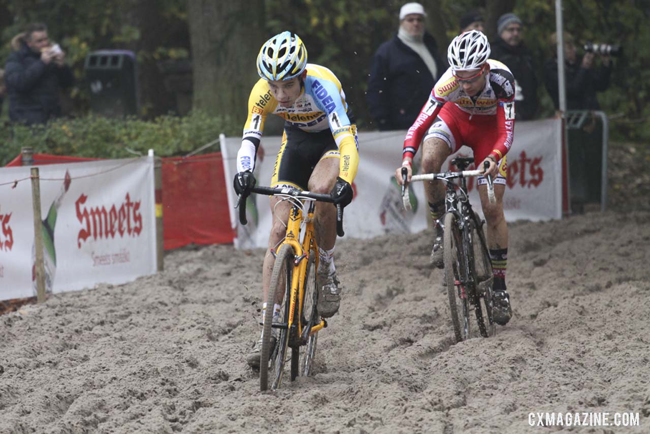 Wout Van Aert leads Gianni Vermeersch through the sand in th e U23 race. Â© Bart Hazen / Cyclocross Magazine